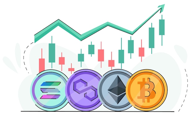 비트 코인 및 암호 화폐의 성장 추세 암호 화폐 시장의 강세 물결 Bitcoin solana 다각형 Ethereum 가격 상승 좋은 암호 성장 추세 녹색 화살표와 동전 로고 벡터