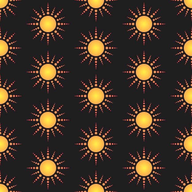 Grudient stylized dotted suns on black background Geometric vector seamless pattern