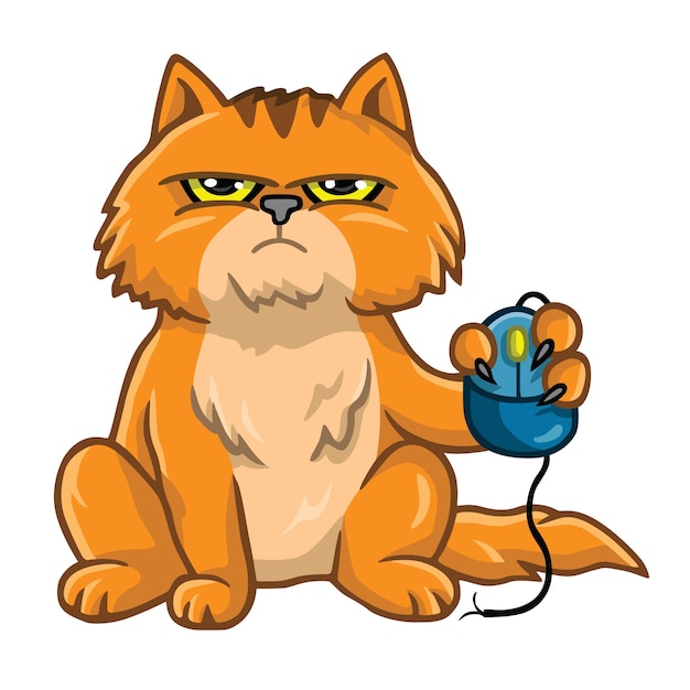 Vector grumpy cat holding computer mouse cartoon vector illustration