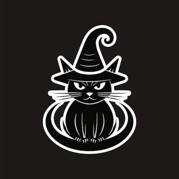 Vector grumpy cat in witch hat op zwarte achtergrond