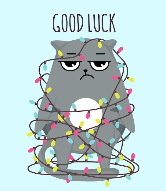 Grumpy cat tangled in garlands. invitation card. good luck