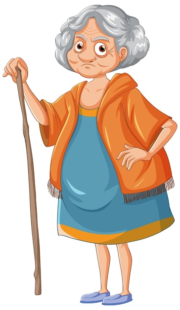 Vector grumpy old woman cartoon character with woody stick