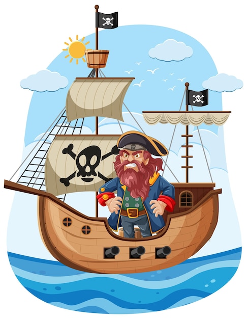 Premium Vector | Grumpy pirate on ship at sea