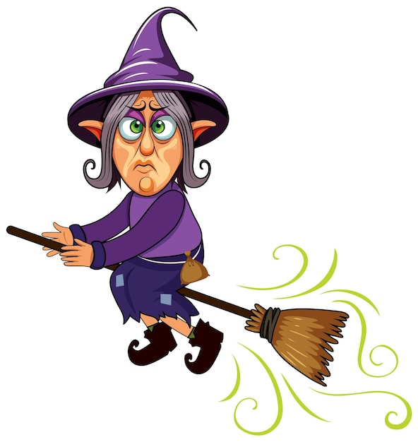 A grumpy witch cartoon character riding broom