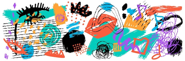 Grunge abstract artistic element set with scrawls paint strokes and drawn objects colorful grunge shapes collection contemporary hand drawn clip art