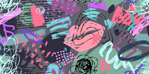 Vector grunge abstract patroon met krabbels penseelstreken en getekende objecten kleurrijke grunge vormen achtergrond eigentijds naadloos patroon