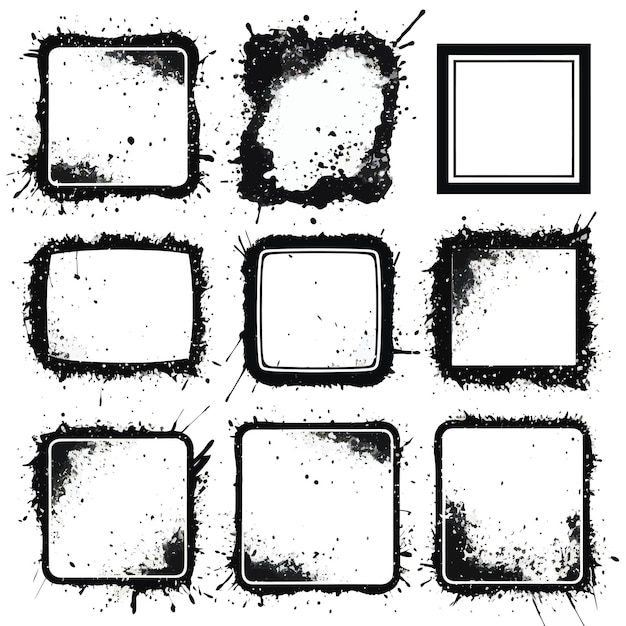 Grunge black splatter vector frames silhouettes on white background