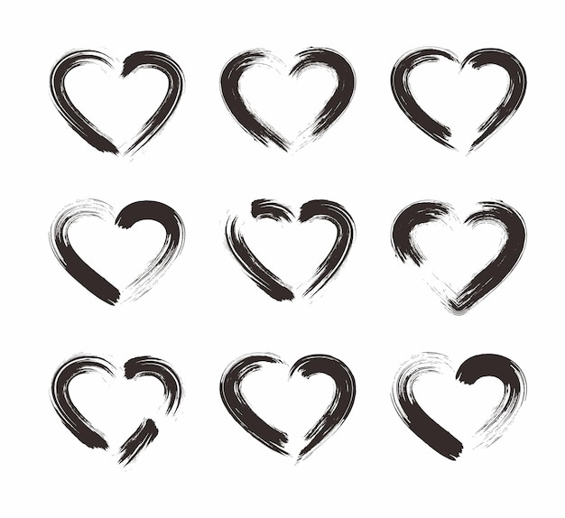 Grunge brush heart shape set vector paint brush stroke of hearts