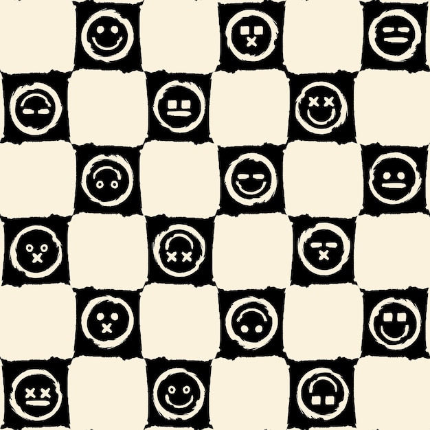 Grunge chessboard smiles seamless pattern