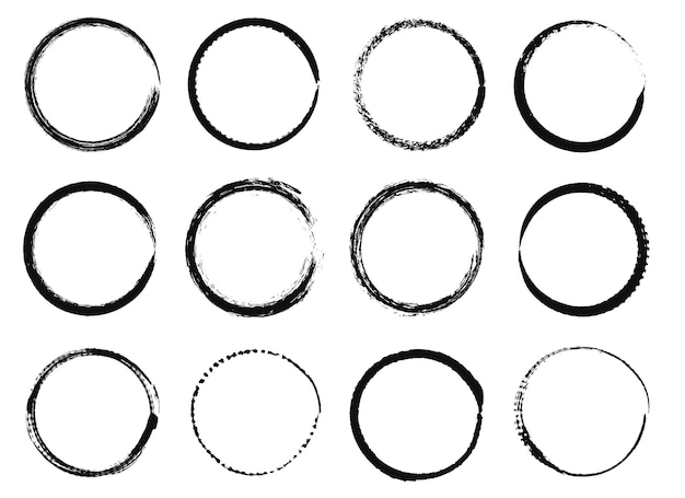 グランジサークルフレームブラックインクブラシラウンドシェイプ円形ユーズド加工テクスチャボーダーセット