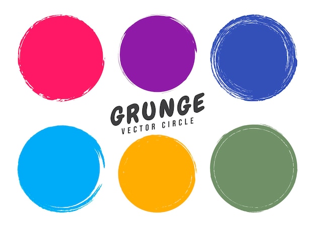 Cerchi grunge, elementi di design di forme rotonde in bellissimi colori. illustrazione piana di vettore. impostare i cerchi con contorno grungy di colore diverso isolato su sfondo bianco.