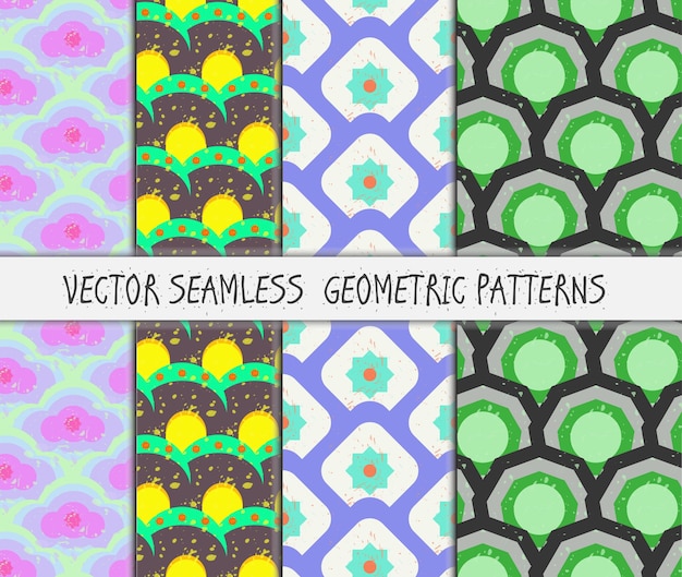 グランジカラフルな幾何学的なシームレスパターンセット。ベクター