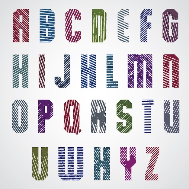 Grunge colorful rubbed upper case letters, decorative font on white background.