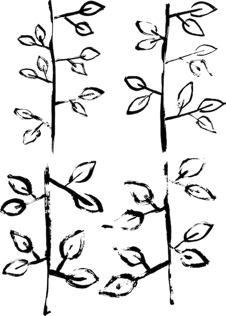 Grunge dry brush hand drawn vector set of branches with leaves