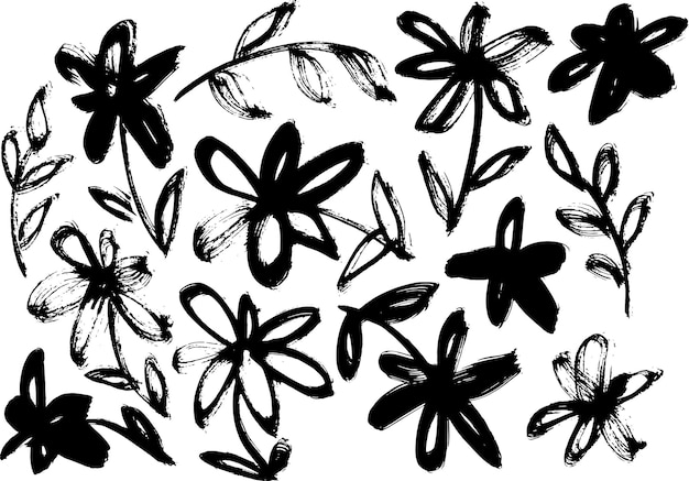 Vector grunge dry brush vector flowers set