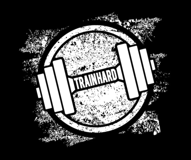 Vector grunge dumbbell icon with the words train hard. vector illustration