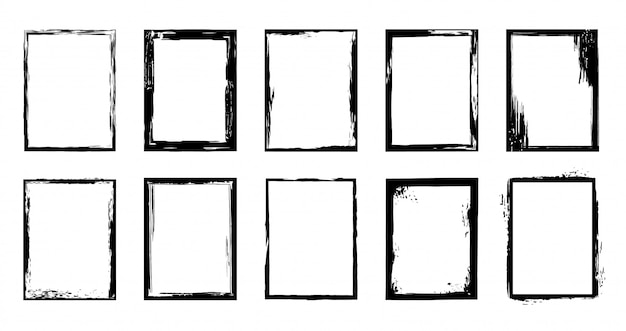 Grunge frames. ink brush stroke border, artistic brush blots and black paint frame    elements set. collection of rough rectangular frames on white background. dry brushstrokes