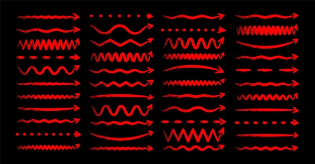 Grunge frecce disegnate a mano evidenziatore linee rosso marcatore pennello pennello disegnato sottolineato a mano