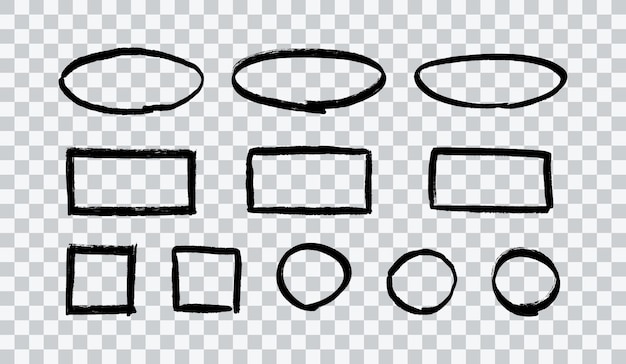 Grunge hand getrokken cirkels rechthoeken en ovalen collectie van getextureerde hoogtepunt cirkel en vierkante kaders circulaire randen voor opsommingsteken dagboek vectorillustraties op transparante achtergrond