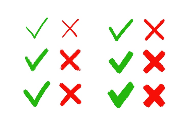 Vector grunge hand getrokken vinkje controleren en kruis markeren borstel getrokken symbolen ok ja en nee x vink v en kruis x voor selectievakje ware en valse pictogrammen vectorillustratie geïsoleerd op witte achtergrond