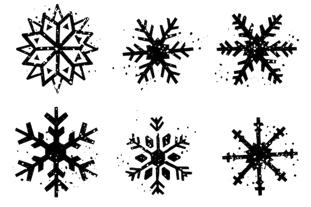 Grunge lino cut snowflakes stamps collection pack Distressed textures set Blank geometric shapes