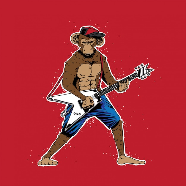 Vector grunge monkey with electric guitar vector illustration