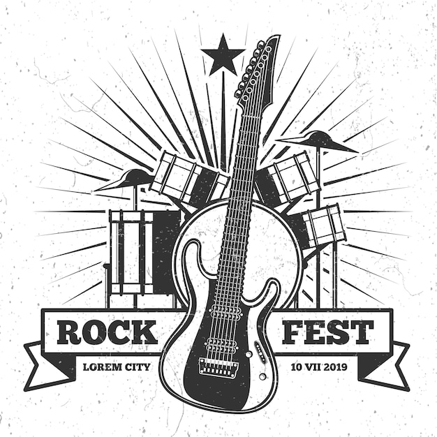 Disegno del manifesto di festival rock monocromatico grunge. emblema di vettore di musica hipster