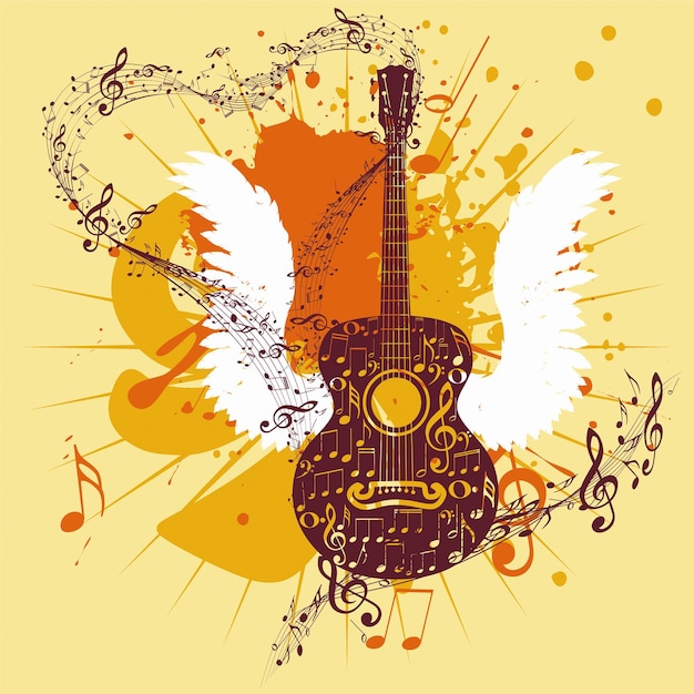 Vector grunge poster with stylized guitar and music notes
