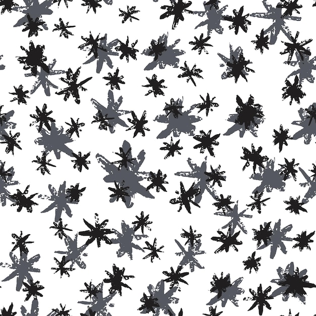 Grunge stars seamless pattern. Black and silver ink stains star wallpaper on white background. Hand drawn paint brush seamless pattern.