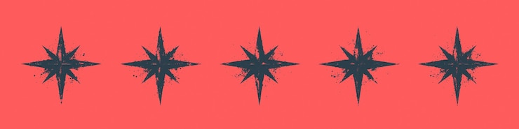Vector grunge style textured pointed stars vector set isolated on red background