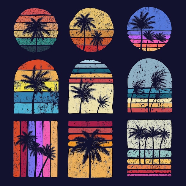 Гранж закат ретро силуэт пальмы набор векторных иллюстраций коллекции