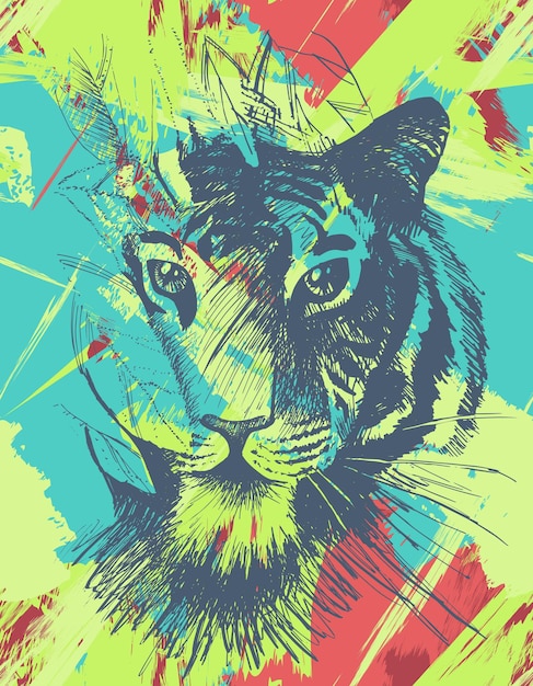 Grunge tiger under leaves. Vintage wild cat in jungle. Retro tropical animal. Vector