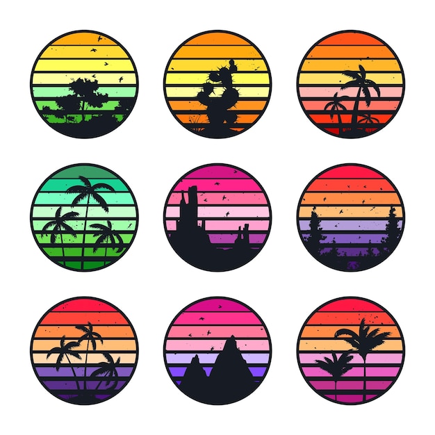 Vector grunge vintage sunset collection colorful striped sunrise badges in s and s style sun and ocean view