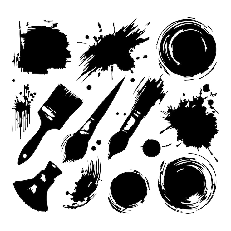 Vector grungy paint brush strokes and artistic ink splatters with smears and stains ink paint splashes wit