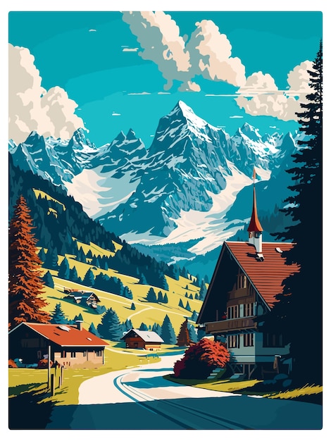 벡터 gstaad 스위스 빈티지 여행 포스터 기념품 포스트카드 초상화 그림 wpa 일러스트레이션