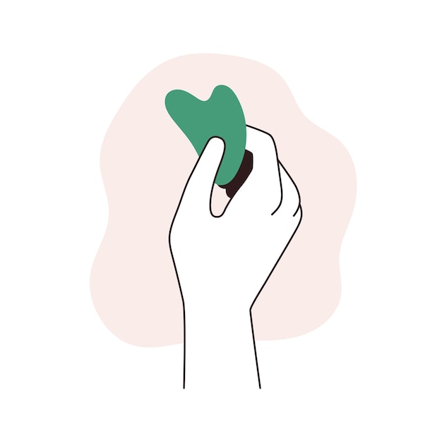 Vector gua sha jade schraper. hand met guasha massage beauty tool voor gezicht, nek schrapen, huidverzorging. massager van steenkwarts voor het gezicht. lineart platte vectorillustratie geïsoleerd op een witte achtergrond.