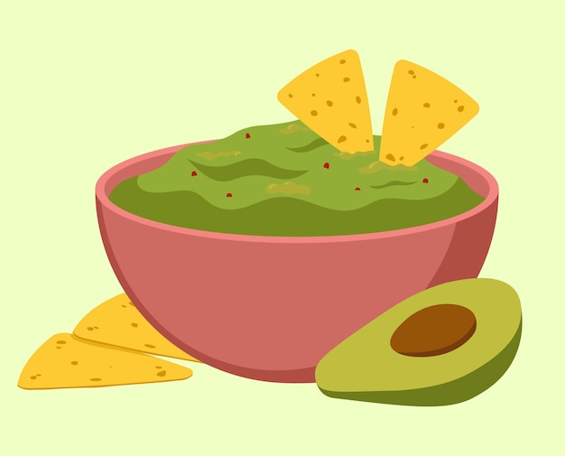 Vettore guacamole nella ciotola con l'illustrazione di vettore dell'alimento dell'avocado e dei nachos nello stile piano