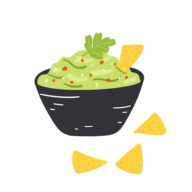 Guacamole in cartoon vlakke stijl Handgetekende vectorillustratie van Mexicaans traditioneel eten met nacho's