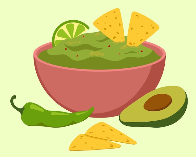 Guacamole In De Kom Met Avocado Nachos Peper Food Concept Vector Illustratie In Vlakke Stijl