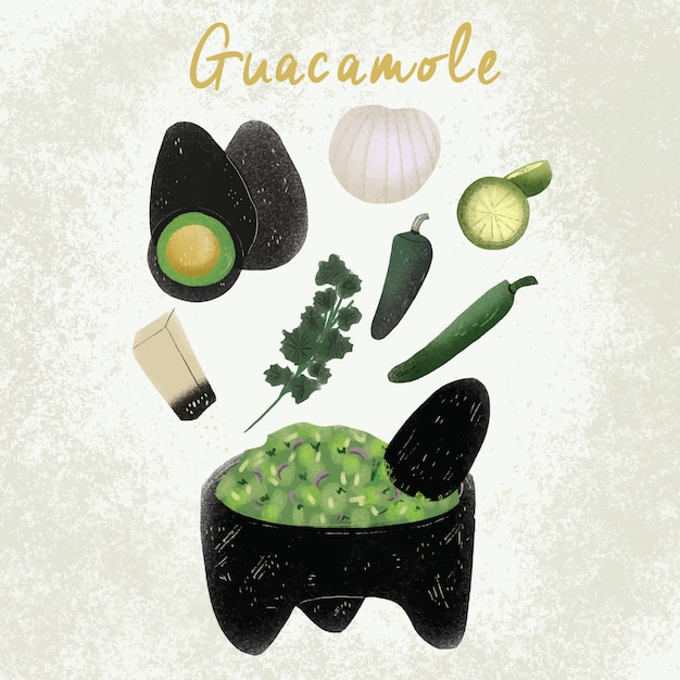 Guacamole cibo messicano - ricetta disegnata a mano