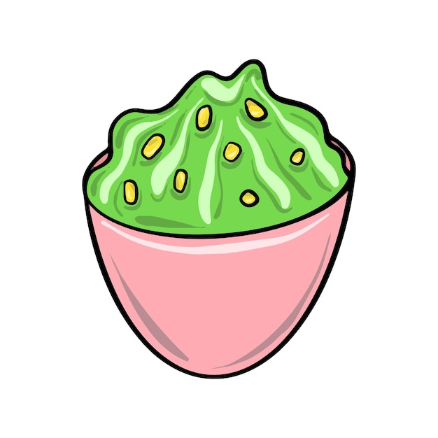 Guacamole in a pink bowl. Mexican fast food. Sauce illustration in cartoon flat style.