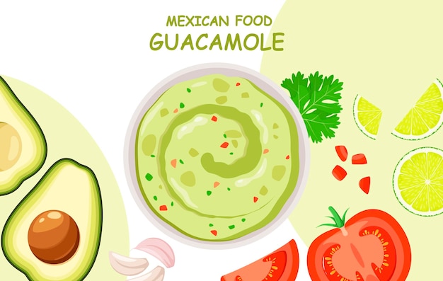 Guacamole sauce with ingredients. mexican food.