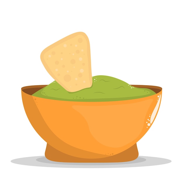 Guacamole with nachos traditional Mexican latin american sauce made from avocado Ceramic bowl with guacamole sauce and tortilla chips Vector flat illustration isolated on white