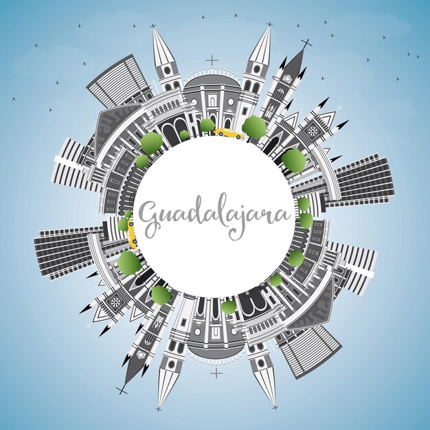 灰色の建物、青い空、コピースペースのあるグアダラハラのスカイライン。ベクトルイラスト。歴史的な建築とビジネス旅行と観光の概念。プレゼンテーションバナープラカードとWebの画像。