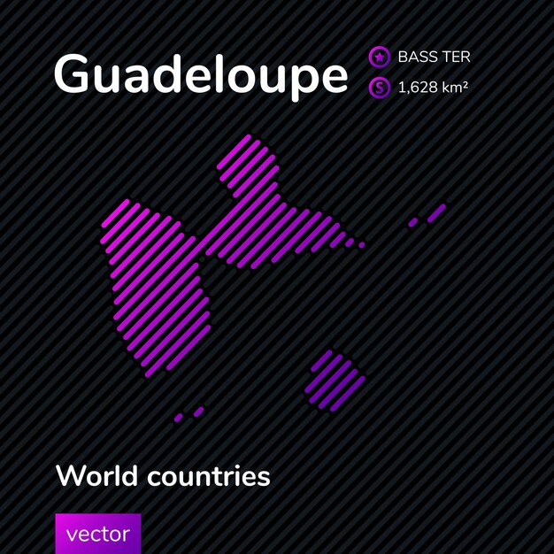 Mappa piatta vettoriale della guadalupa nei colori viola di tendenza su sfondo nero a strisce