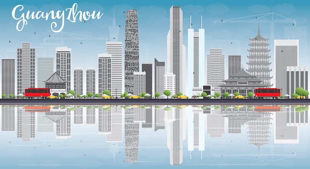 Vector guangzhou skyline with gray buildings, blue sky and reflections.