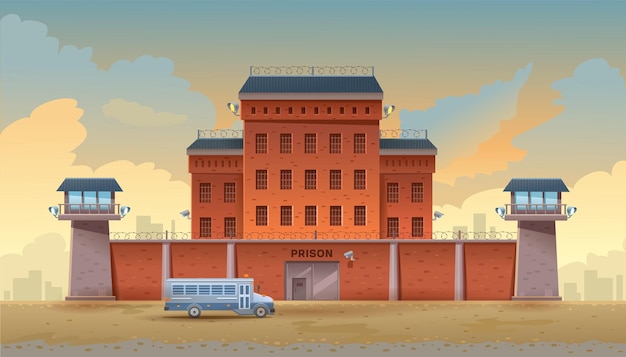 Guarded city prison building with two watchtowers on a high brick fence with barbed wire buses for transporting prisoners