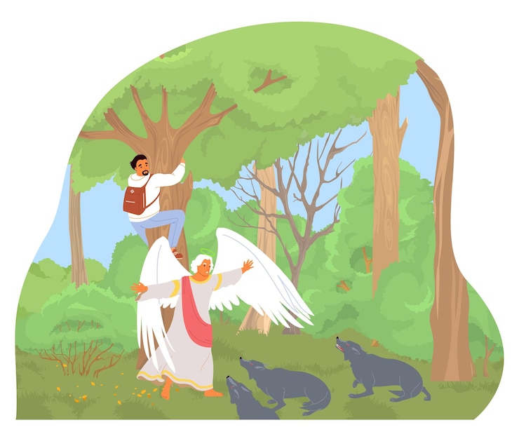 Vector guardian angel saving man hiker tourist from mad aggressive wild wolves