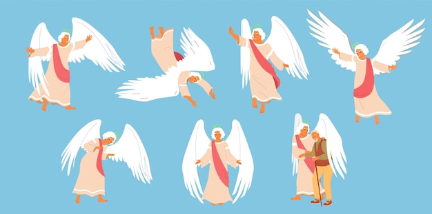 Vector guardian angels characters with wings wearing gown isolated set