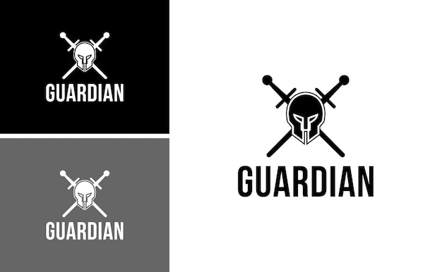 Logo del casco spartano guardiano con modello vettoriale di spade incrociate